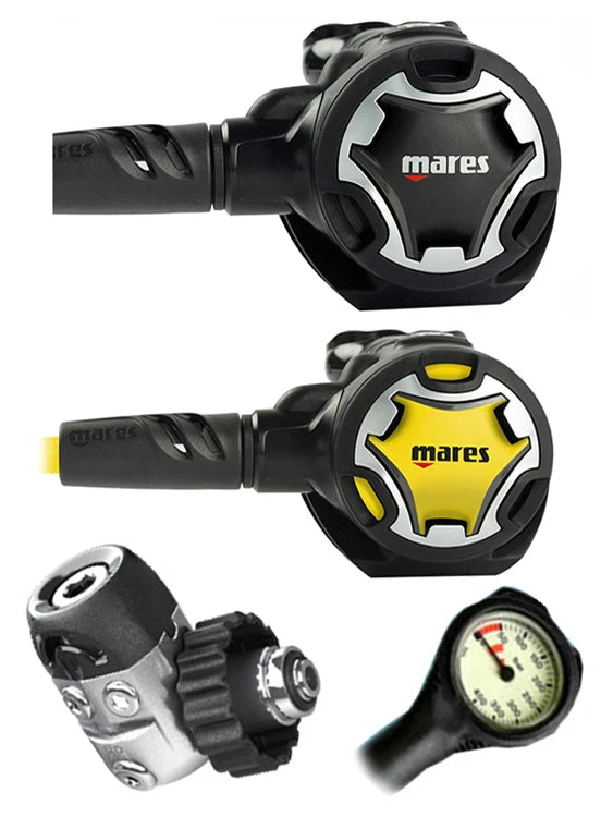 Mares Dual 15X (DIN Or Yoke) W/ Octopus & Free Termo Gauge Regulator Sets 4 Mares Dual 15X (DIN Or Yoke) W/ Octopus & Free Termo Gauge Regulator Sets