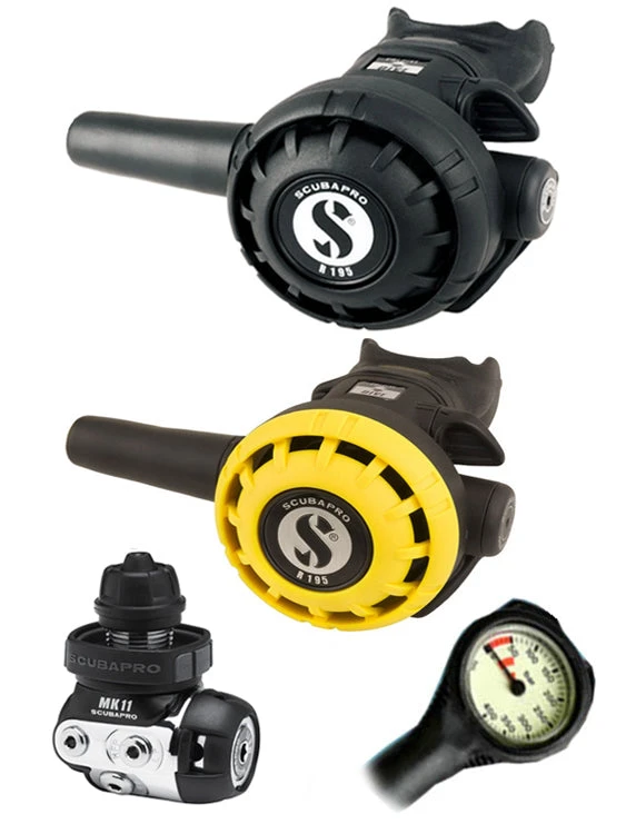 Scubapro Regulator Set: MK11 (DIN Or Yoke) / R195 / R-Series Octopus & Free Termo Gauge 6 Scubapro Regulator Set: MK11 (DIN Or Yoke) / R195 / R-Series Octopus & Free Termo Gauge