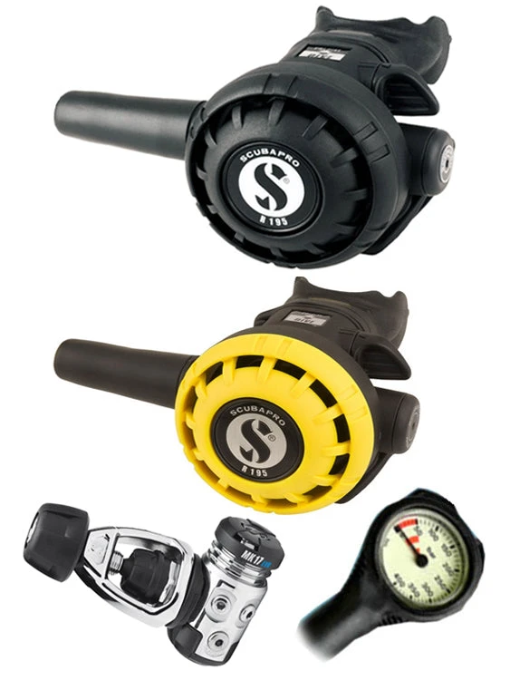 Scubapro Regulator Set: MK17 Evo (DIN Or Yoke) / R195 / R-Series Octopus & Free Termo Gauge 4 Scubapro Regulator Set: MK17 Evo (DIN Or Yoke) / R195 / R-Series Octopus & Free Termo Gauge