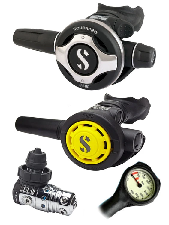 Regulator Sets Scubapro Regulator Set: MK25 Evo (DIN Or Yoke) / S600 / Octopus & Free Termo Gauge 5 Regulator Sets Scubapro Regulator Set: MK25 Evo (DIN Or Yoke) / S600 / Octopus & Free Termo Gauge