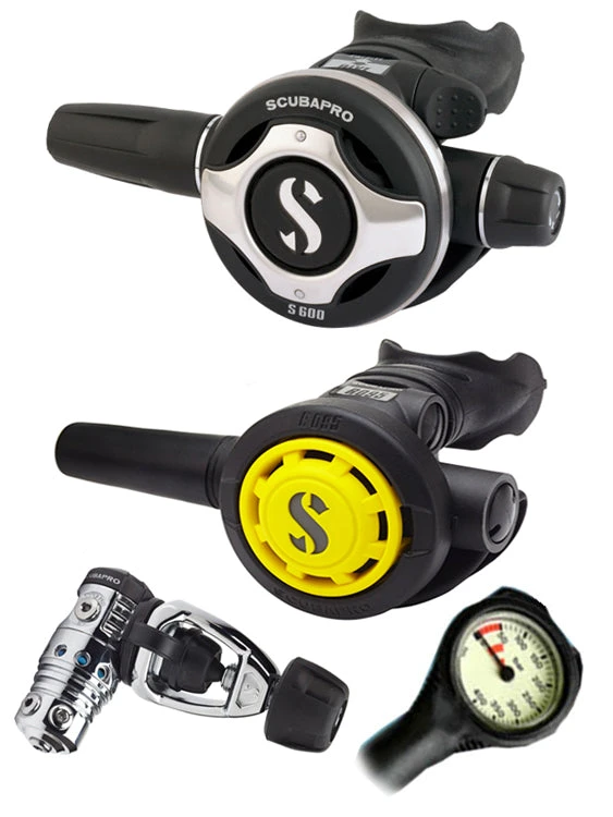 Regulator Sets Scubapro Regulator Set: MK25 Evo (DIN Or Yoke) / S600 / Octopus & Free Termo Gauge 3 Regulator Sets Scubapro Regulator Set: MK25 Evo (DIN Or Yoke) / S600 / Octopus & Free Termo Gauge