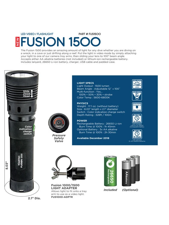 Tovatec Fusion 1500 Rechargeable Dive Torch (1500 Lumen) Torches 4 Tovatec Fusion 1500 Rechargeable Dive Torch (1500 Lumen) Torches